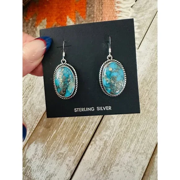 Navajo Sterling Silver & Morenci Turquoise Post Earrings - Picture 5 of 6